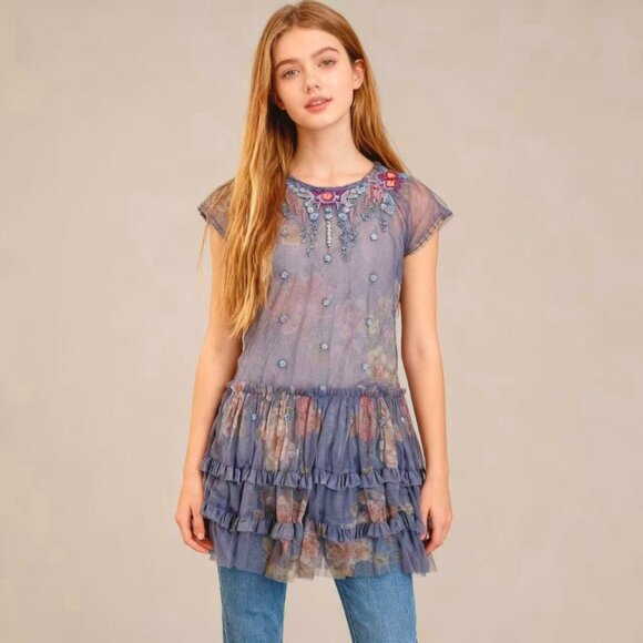 $390 NWT Johnny Was Mesh Embroidered Layered Ruffles Floral Mini Dress Size S - Picture 1 of 13